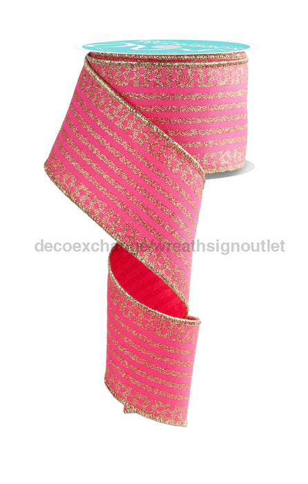 2.5’’X10Yd Vertical Stripe/Dot Edge Hot Pink/Gold Rgf151011 Ribbon