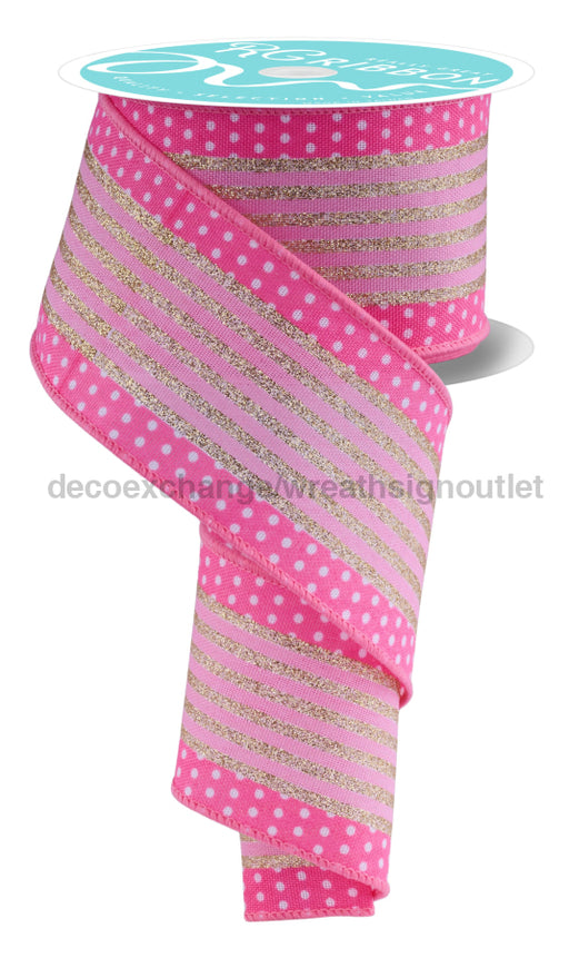 2.5’’X10Yd Vertical Stripe/Polka Dot Edge White/Multi Pink/Gold Rgf156622 Ribbon