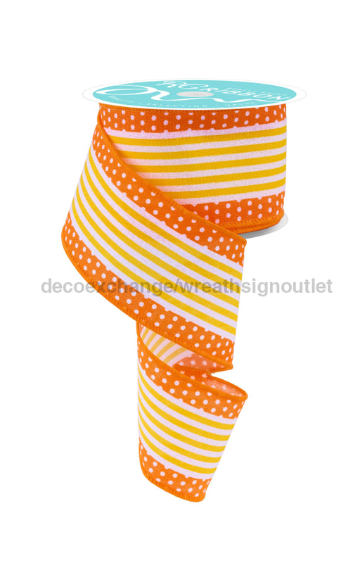 2.5’’X10Yd Vertical Stripe/Polka Dot Edge White/Orange/Yellow Rgf156720 Ribbon