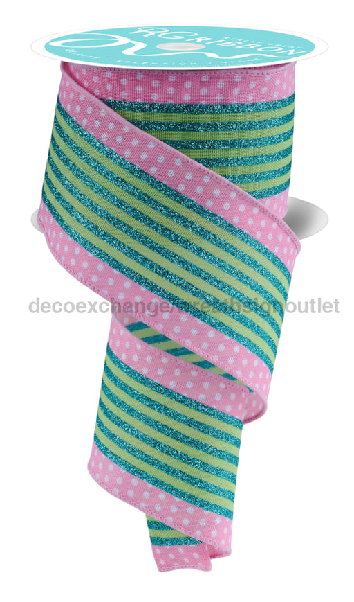 2.5’’X10Yd Vertical Stripe/Polka Dot Edge White/Pink/Green/Teal Rgf156615 Ribbon