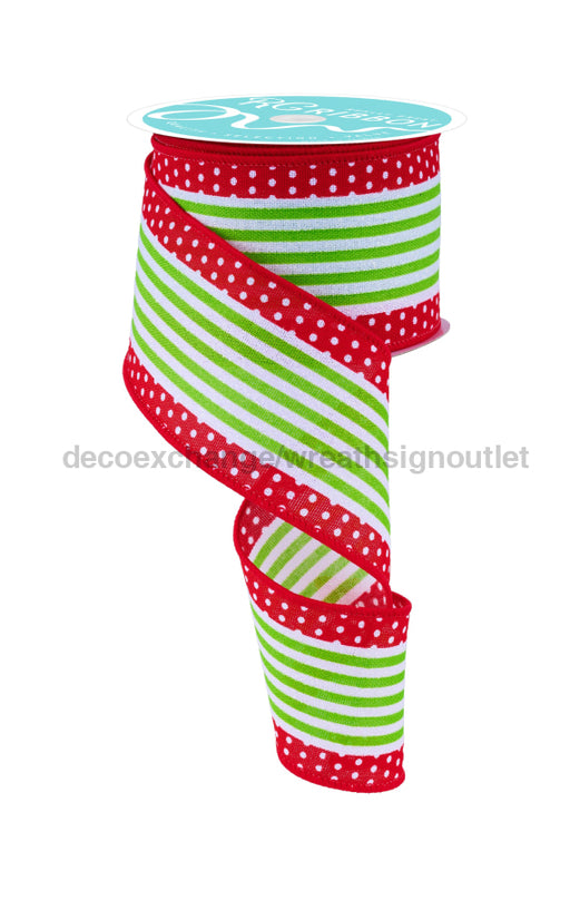 2.5’’X10Yd Vertical Stripe/Polka Dot Edge White/Red/Lime Green Rgf156724 Ribbon