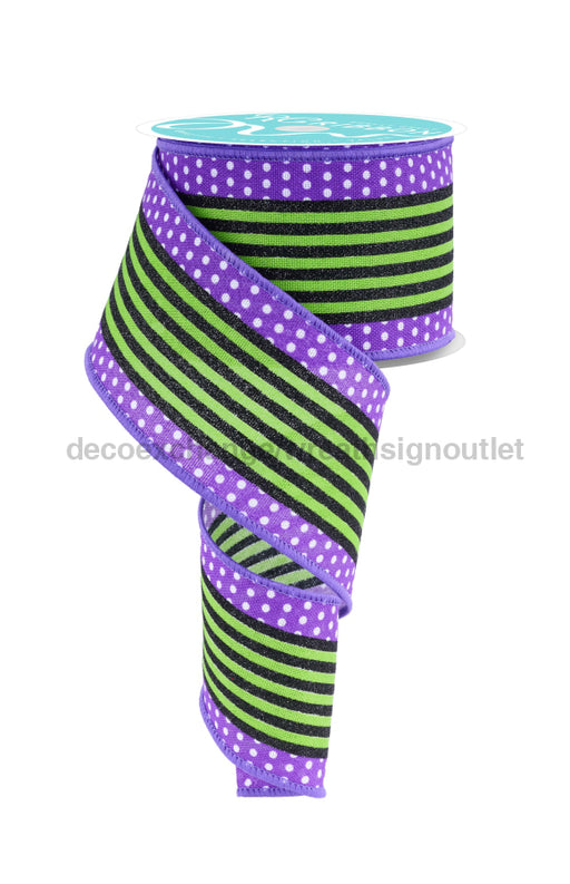 2.5’’X10Yd Vertical Stripe/Polka Dot Edge Wht/Purple/Lime Grn/Black Rgf156623 Ribbon