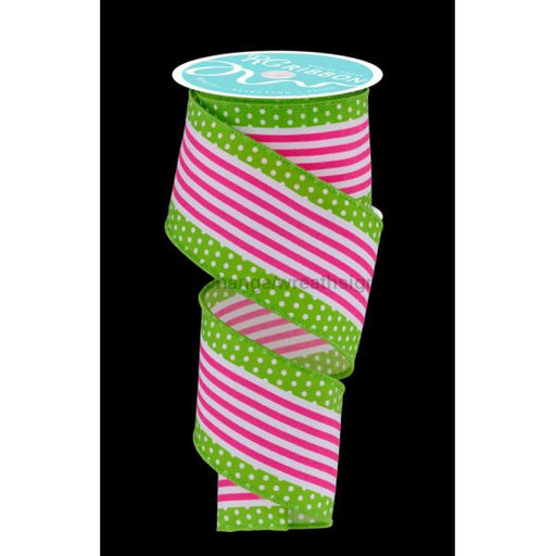 2.5’X10Yd Vertical Strpe/Polka Dot Edge White/Hot Pink/Lime Rgf1301Aw Ribbon