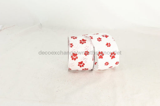 2.5"x10yrds SOLID WHITE  With RED Paws Dog Ribbon 19772 - DecoExchange