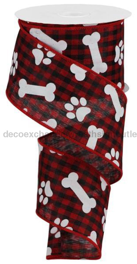 2.5"X50Yd Pawprints/Bones Gingham Check Red/Black/White RGA5896MA - DecoExchange