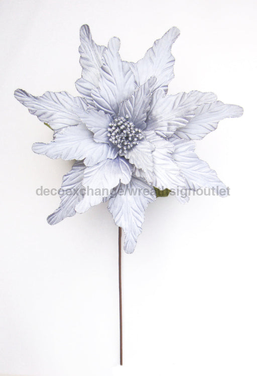 Dia50Cm X H74Cm Xlg Glittered Velvet Poinsettia Stem. Silver 50343-Sv Pick