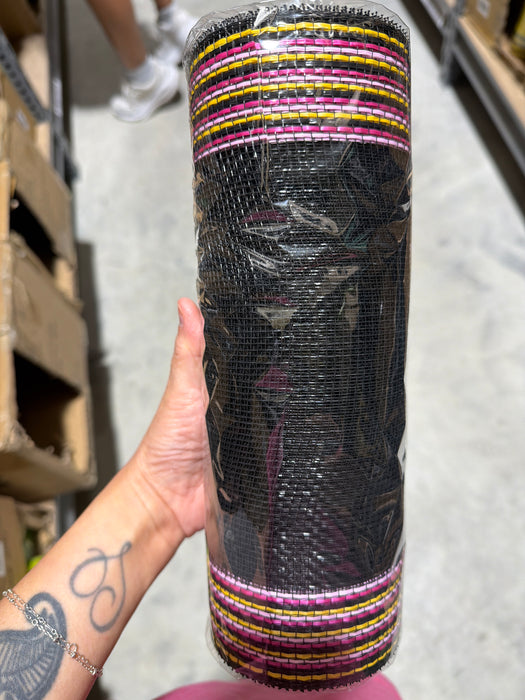 10"X10Yd Border Stripe Mesh Black/Pink/Ht Pink/Yellow RE85063A