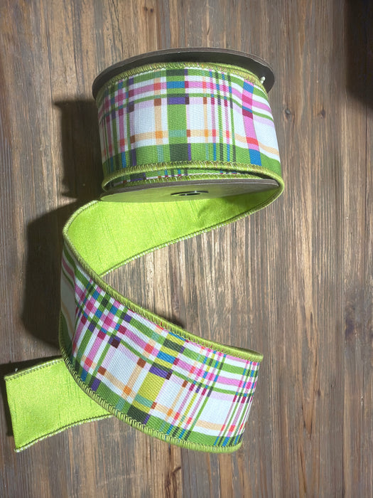 2.5”X10Yds Poplin Colorful Plaid, Blue Pink Green, No Two Are Alike 87-1666 - DecoExchange®
