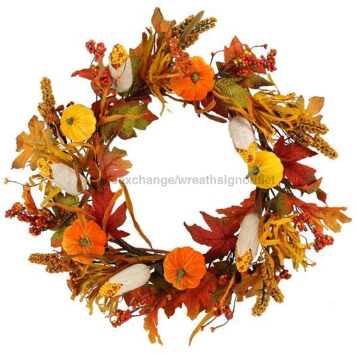 21"Dia Pumpkin/Corn/Maple Leaf Wreath Orange/Yellow/Moss HA1416 - DecoExchange