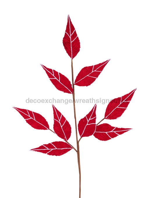 22.5"L Glitter Velvet Leaf Spray Red/White XS234134 - DecoExchange