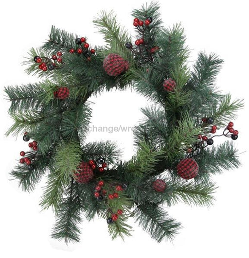 22"Dia Icy Pine/Berry/Fabric Ball Wreath Icy Tt Green/Black/Red XX8067 - DecoExchange