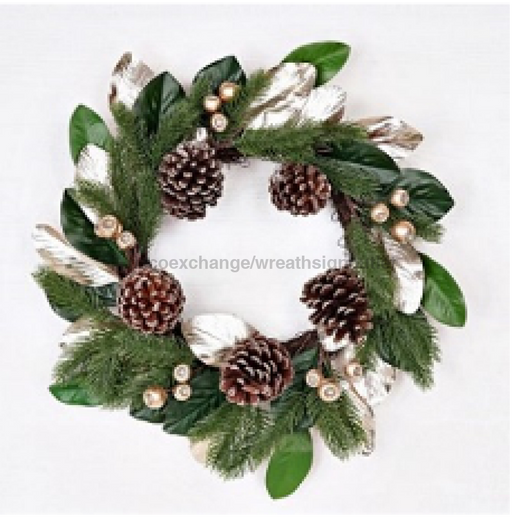 22In Twiggy Wreath-Jumbo Pinecones W. Champagn Green Magnolia Leaves 30710 Base