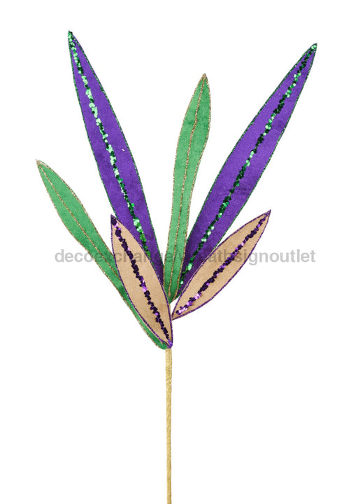 22’’L Velvet/Glitter Skinny Leaf Spray X6 Mardi Gras HG3265 Pick