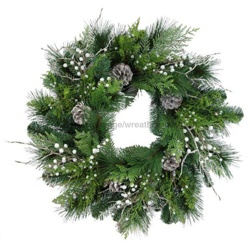 24" Juniper/Berries Mix Pine Wreath Tt Green/Whitewash Green XX8081 - DecoExchange
