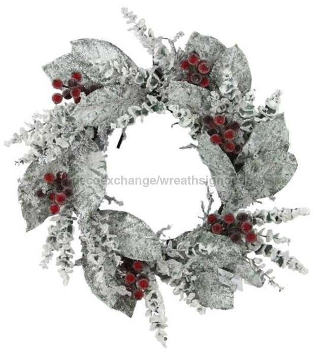 24Dia Snowed Magnolia Leaf Wreath White/Green/Red Xx8474