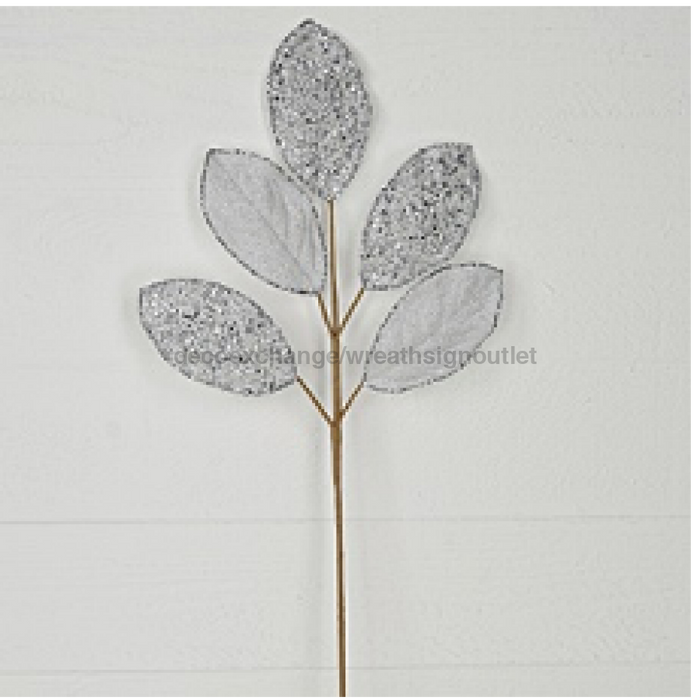 25In Spray-Beaded Metalic Velvet Magnolia Leavesx5-Silver 32251 Greenery