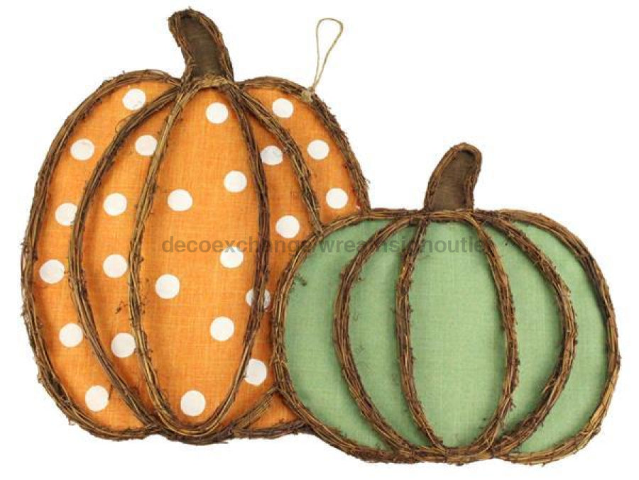 25"Lx19.5"H Vine/Fabric Pumpkins X2 Tlsmn/Wht/Clover/Natural KG306034 - DecoExchange