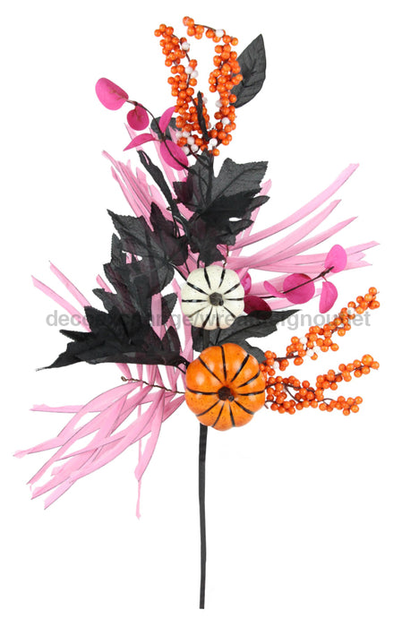 26’’L Pumpkin/Berry/Leaf Spray Orange/Black/Pink/White Hh751522 Pick