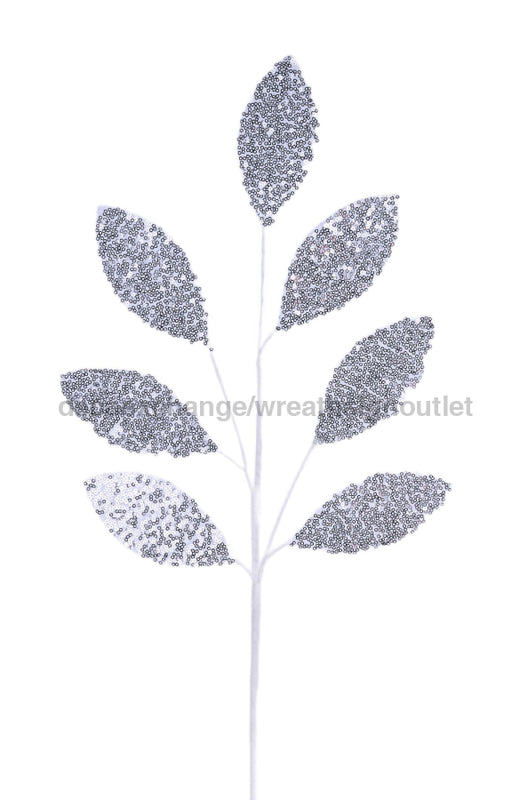 27’’L Sequin Leaf Spray White W/Silver Fh814427 Greenery