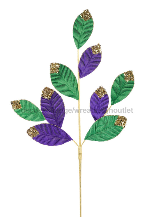 27’’L Velvet/Glitter Leaf Spray Mardi Gras Hg3308 Pick