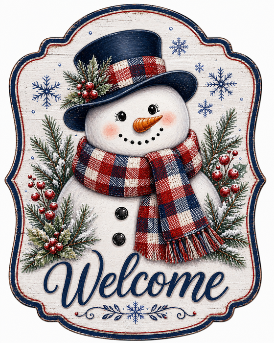 Welcome Snowman Navy Plaid, MF-W-0106, 12in Sign For Wreath, Wood Wreath Sign
