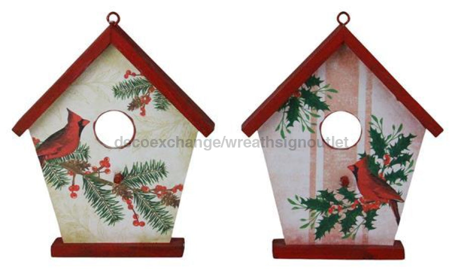 2Asst 8H Cardinal Birdhouse Decor Red/Black/Tan/Emerald Ad2843 Sign