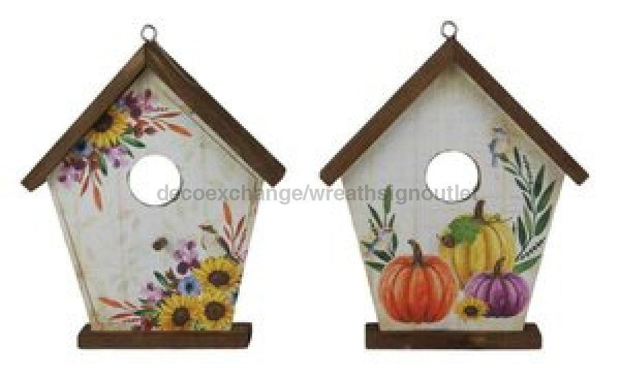 2Asst 8’H Fall Wood Birdhouse Decor Cream/Plum/Moss/Gold Ad2841 Attachment