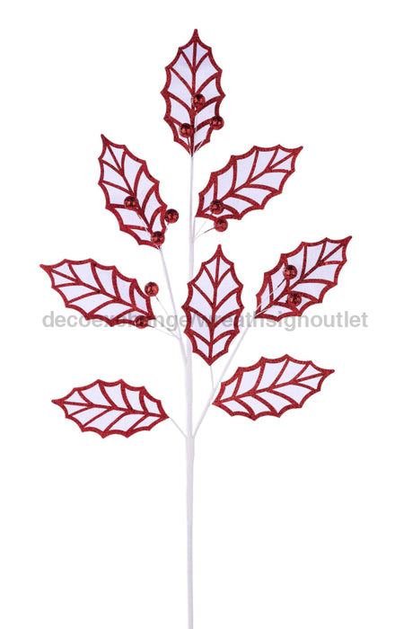 30"L Velvet/Glitter Holly Leaf Spray X8 White/Red XS094576 - DecoExchange