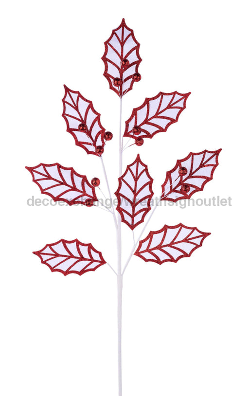 30"L Velvet/Glitter Holly Leaf Spray X8 White/Red XS094576 - DecoExchange