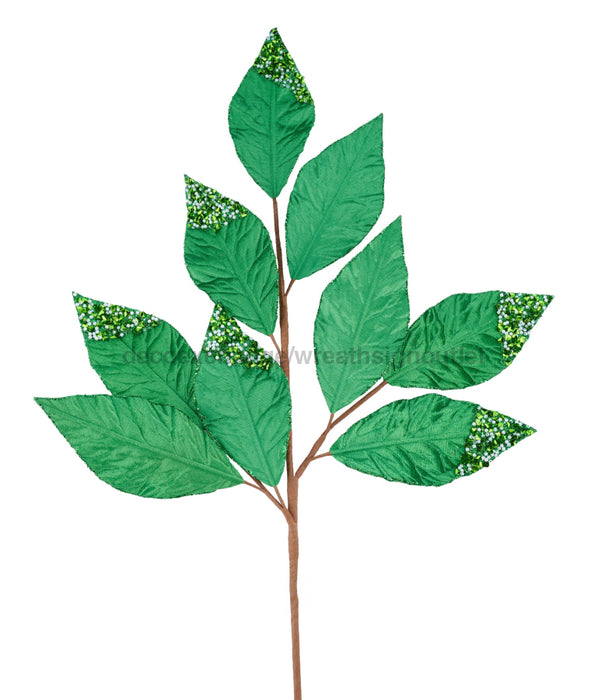 31.5"L Pressed Velvet/Glitter Leaf Spray Emerald Green Xs234406 - DecoExchange