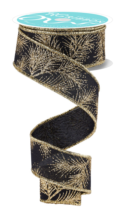 1.5 inch x 10yd Glitter Pine Ribbon Black Gold RGH140502