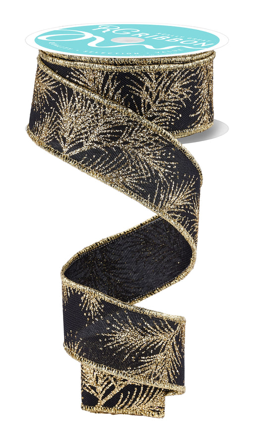 1.5 inch x 10yd Glitter Pine Ribbon Black Gold RGH140502