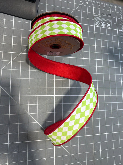 1.5” X 10Yds Dupion Harlequin Red Backing, Lime Green White 05-2232