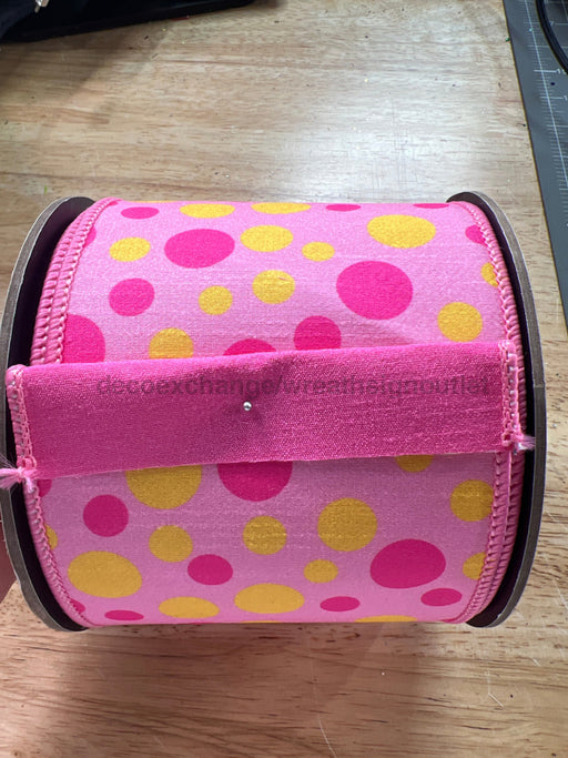 4’’ X 10Yds Dupion Pink Yellow Polka Dots Ds-05-1580 Ribbon