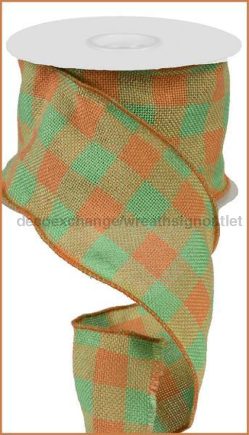 4" X 25Yd Faux Burlap Check Moss Green/Orange RA20679H - DecoExchange