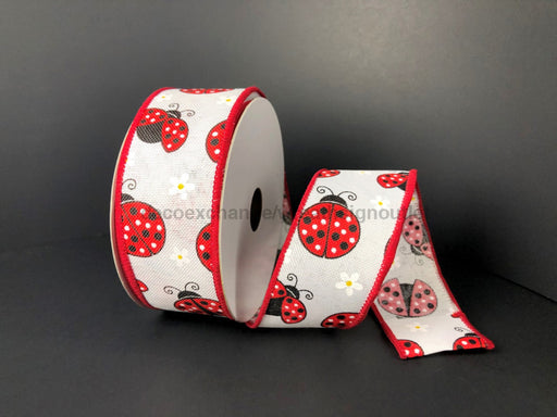 41027-09-01: Wht Linen/Ladybugs-Daisies 1.5X10Y Ribbon