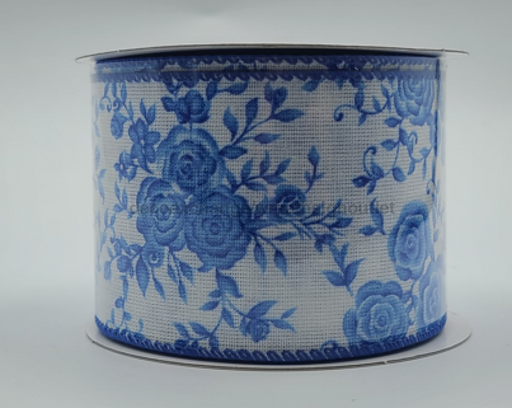 41218-40-25: Wht Linen/Cobalt Ombre Roses 2.5X10Y Ribbon