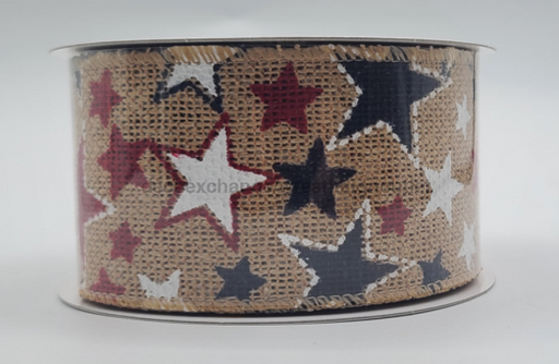 41224-40-35: Nat Burlap/Navy-Rd-Wht Stars 2.5X10Y Ribbon