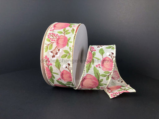 41256-09-34: Ivory Linen/Blush Peony-Cotton 1.5X10Y Ribbon