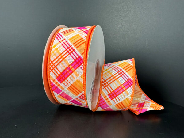 Neon Orange-Fuchsia-White Diagonal Cabot Printed Plaid, 1.5"X10Y 41523-09-19 - DecoExchange®