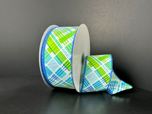 Aqua-Lime-Turquoise-White Diagonal Cabot Printed Plaid, 1.5"X10Y 41523-09-25 - DecoExchange®