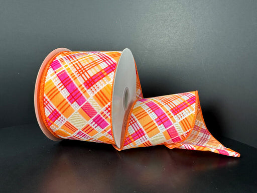 Neon Orange-Fuchsia-White Diagonal Cabot Printed Plaid, 2.5"X10Y 41523-40-19 - DecoExchange®