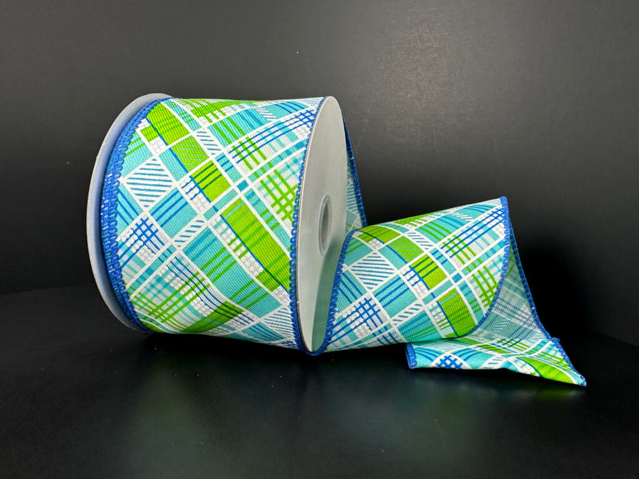 Aqua-Lime-Turquoise-White Diagonal Cabot Printed Plaid, 2.5"X10Y 41523-40-25 - DecoExchange®