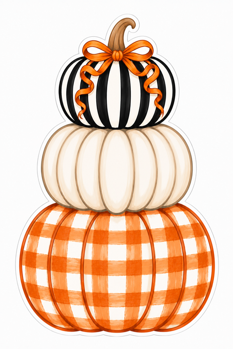 Stacked Pumpkins Black Stripe Cream and Orange Gingham with Bow, DBJ-W-0077-DH-32, 32" Door Hanger
