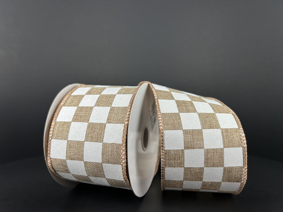 Natural Linen With White Racing Checks Ribbon, 2.5 Inches X 10 Yards 42432-40-35 - DecoExchange®