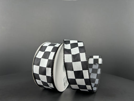 Black Satin With White Racing Checks Ribbon, 1.5 Inches X 10 Yards 42437-09-21 - DecoExchange®