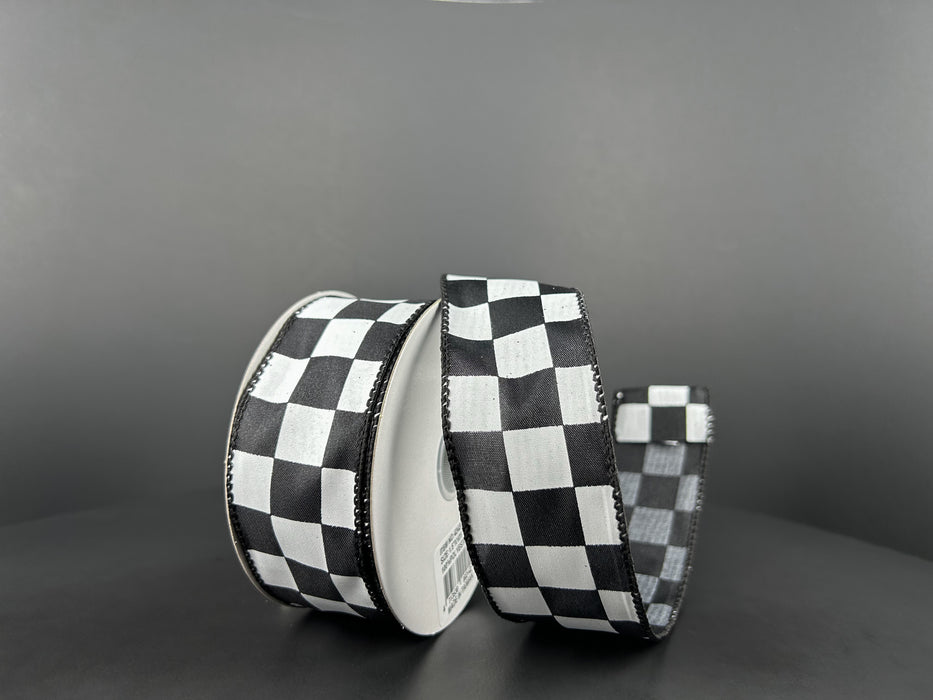 Black Satin With White Racing Checks Ribbon, 1.5 Inches X 10 Yards 42437-09-21 - DecoExchange®