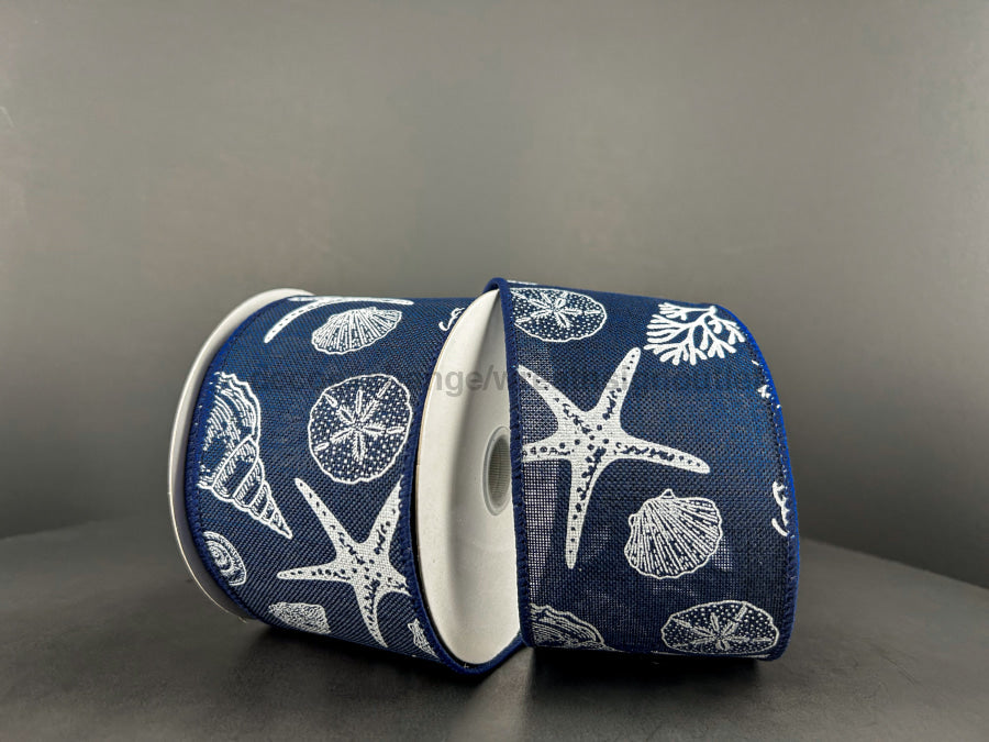 42453-40-27: Navy Lin/Wht Beach Stampd Icons 2.5X10Y Ribbon