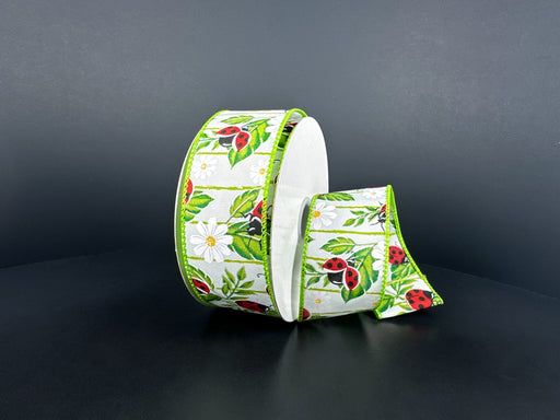 Wht Stn/Ladybugs On Leaves, 1.5"X10Y 42641-09-13 - DecoExchange®