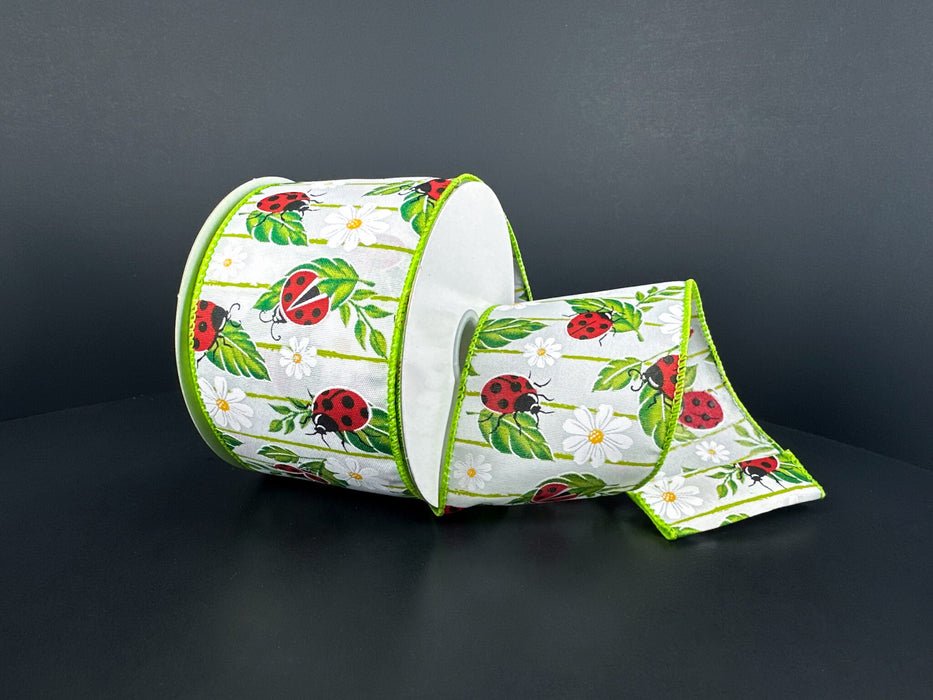 Wht Stn/Ladybugs On Leaves, 2.5"X10Y 42641-40-13 - DecoExchange®